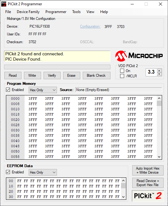 PICkit2 screenshot showing device autodetect