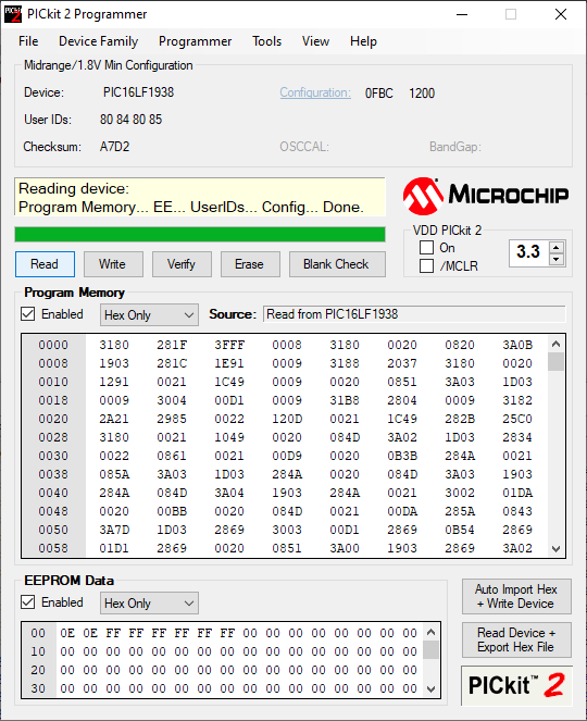 PICkit2 screenshot showing read