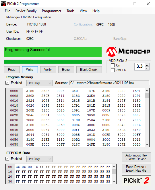 PICkit2 screenshot showing programming successful