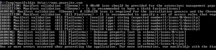 Console output showing manifest validation messages